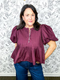 burgandy/merlot pintuck peplum blouse with puff sleeves ENTRO
