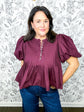 burgandy/merlot pintuck peplum blouse with puff sleeves ENTRO