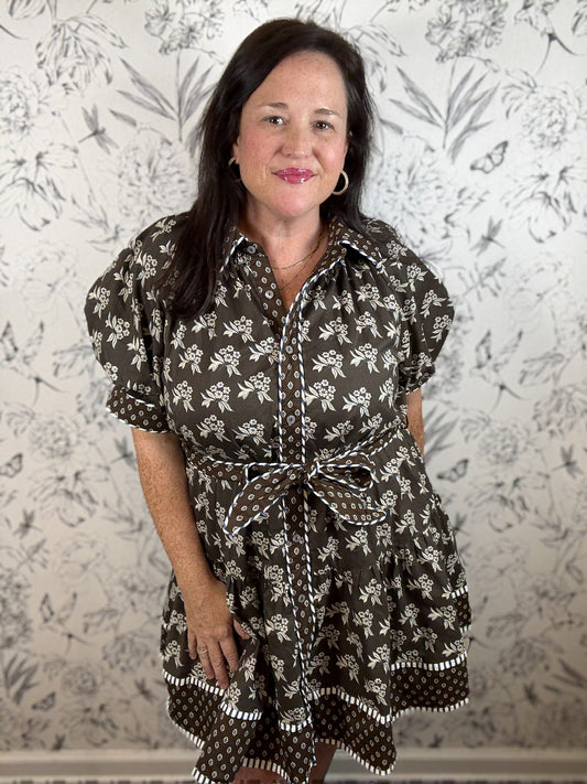 brown, blue, ivory block print ENTRO mini dress