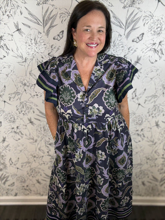 lavendar, navy, printed ENTRO midi dress