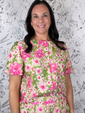 pink green floral button up blouse VOY