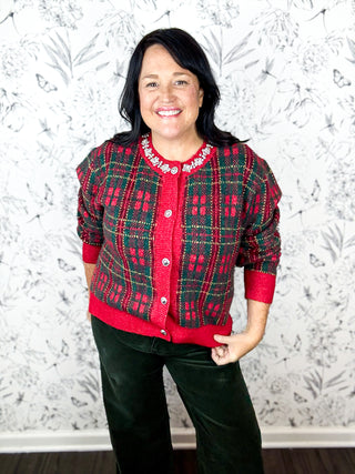 Plaid Tidings Cardigan | Red