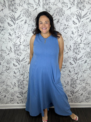 Z Supply Marine Blue Halter Jersey Midi Dress POCKETS