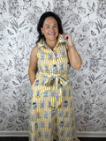 yellow stripe belted midi dress with floral block medallions ENTRO