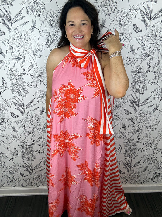 pink orange white hawaiian floral midi dress with contrasting stripes Halter ENTRO