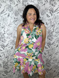 floral ruffle neck, drop waist mini dress hawaiian ENTRO