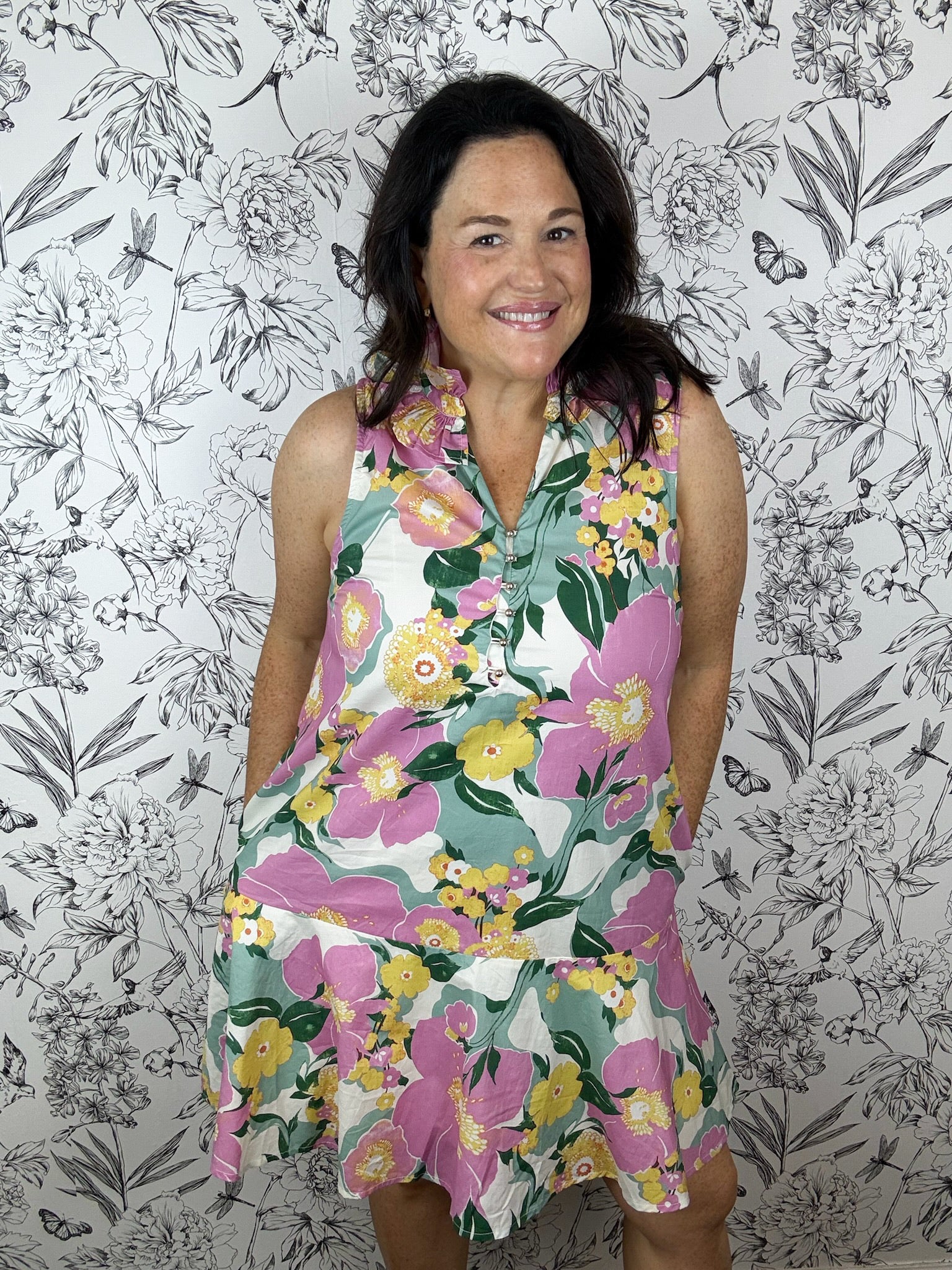 floral ruffle neck, drop waist mini dress hawaiian ENTRO