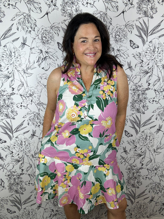 floral ruffle neck, drop waist mini dress hawaiian ENTRO