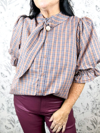 Country Roads Plaid Tie Blouse