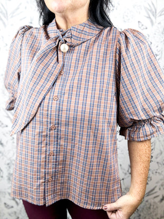 Country Roads Plaid Tie Blouse