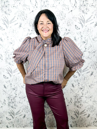 Country Roads Plaid Tie Blouse