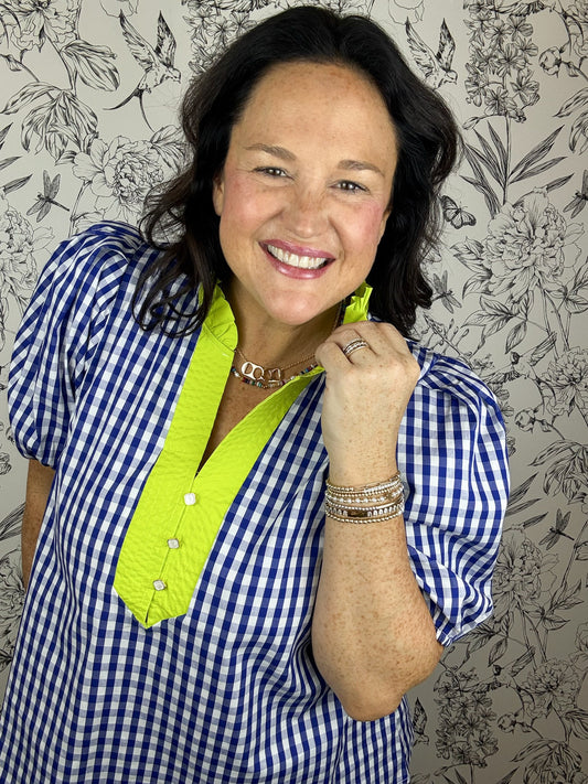 navy and white gingham blouse with chartreuse ENTRO