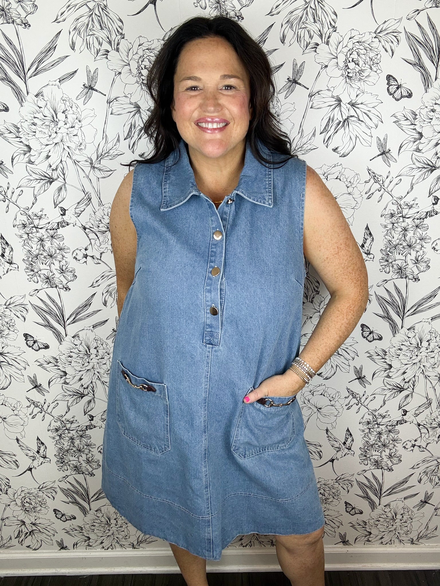 denim sleeveless dress with horsebit details ENTRO