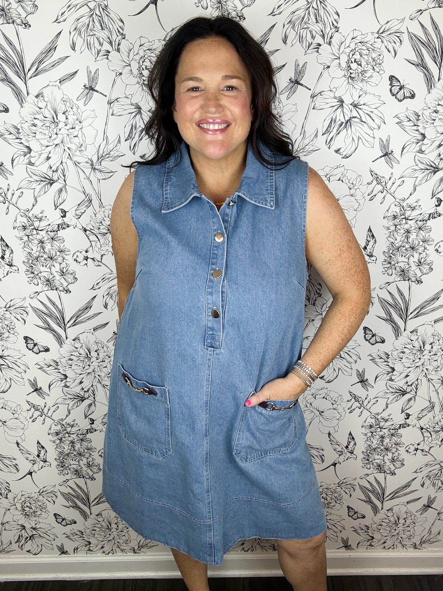 denim sleeveless dress with horsebit details ENTRO