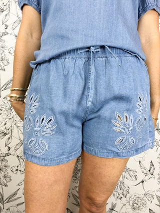 blue laser cut tencel shorts ELAN