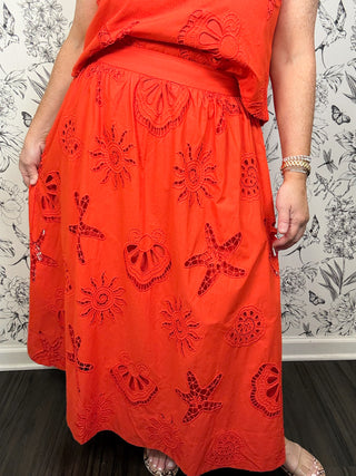coral red shell beach lasercut midi skirt SKIES ARE BLUE