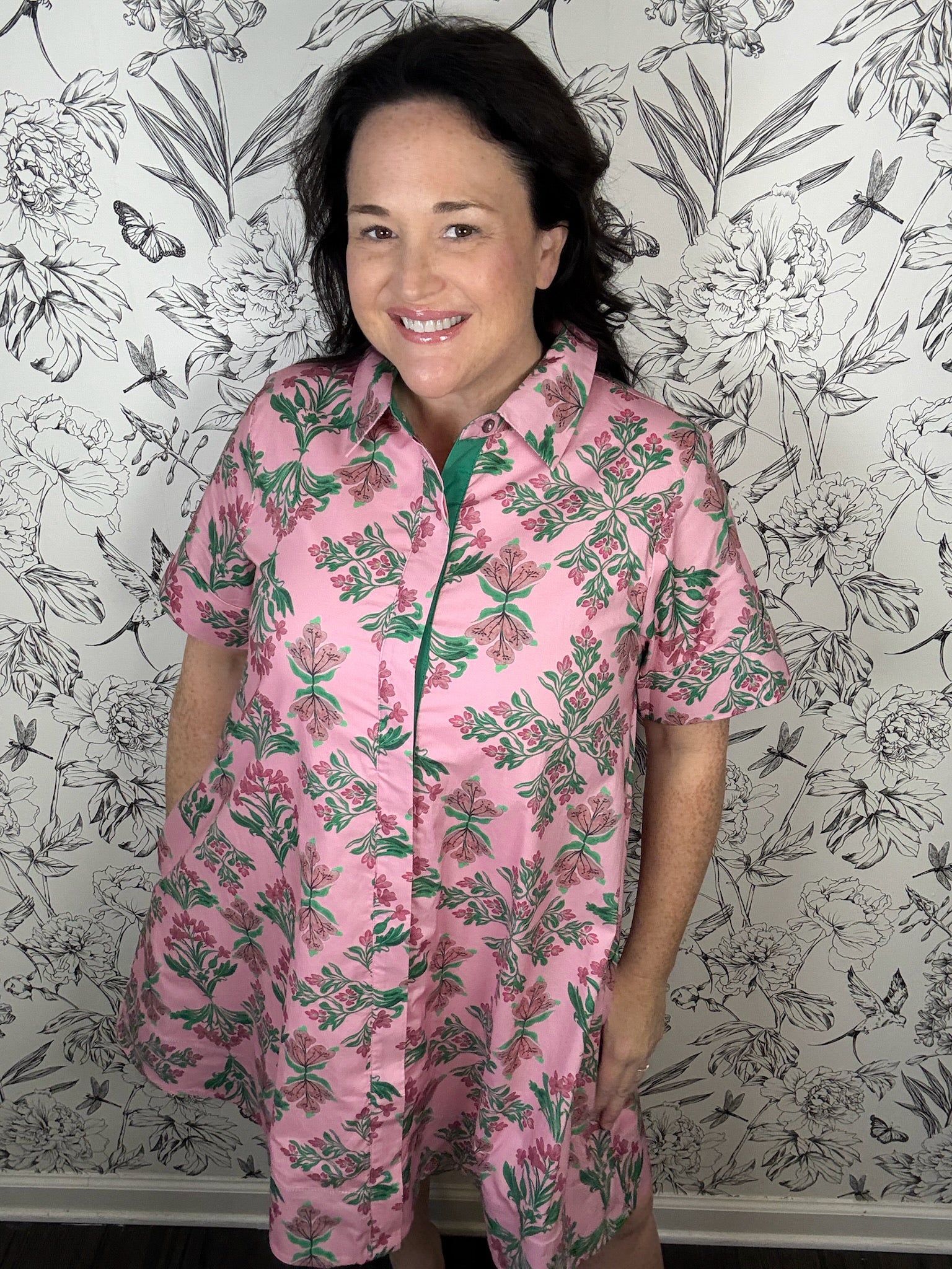 pink and green floral button down mini