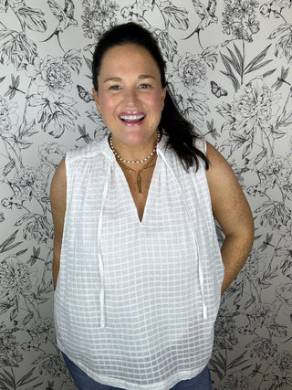 white windowpane flowy sleeveless top ELAN