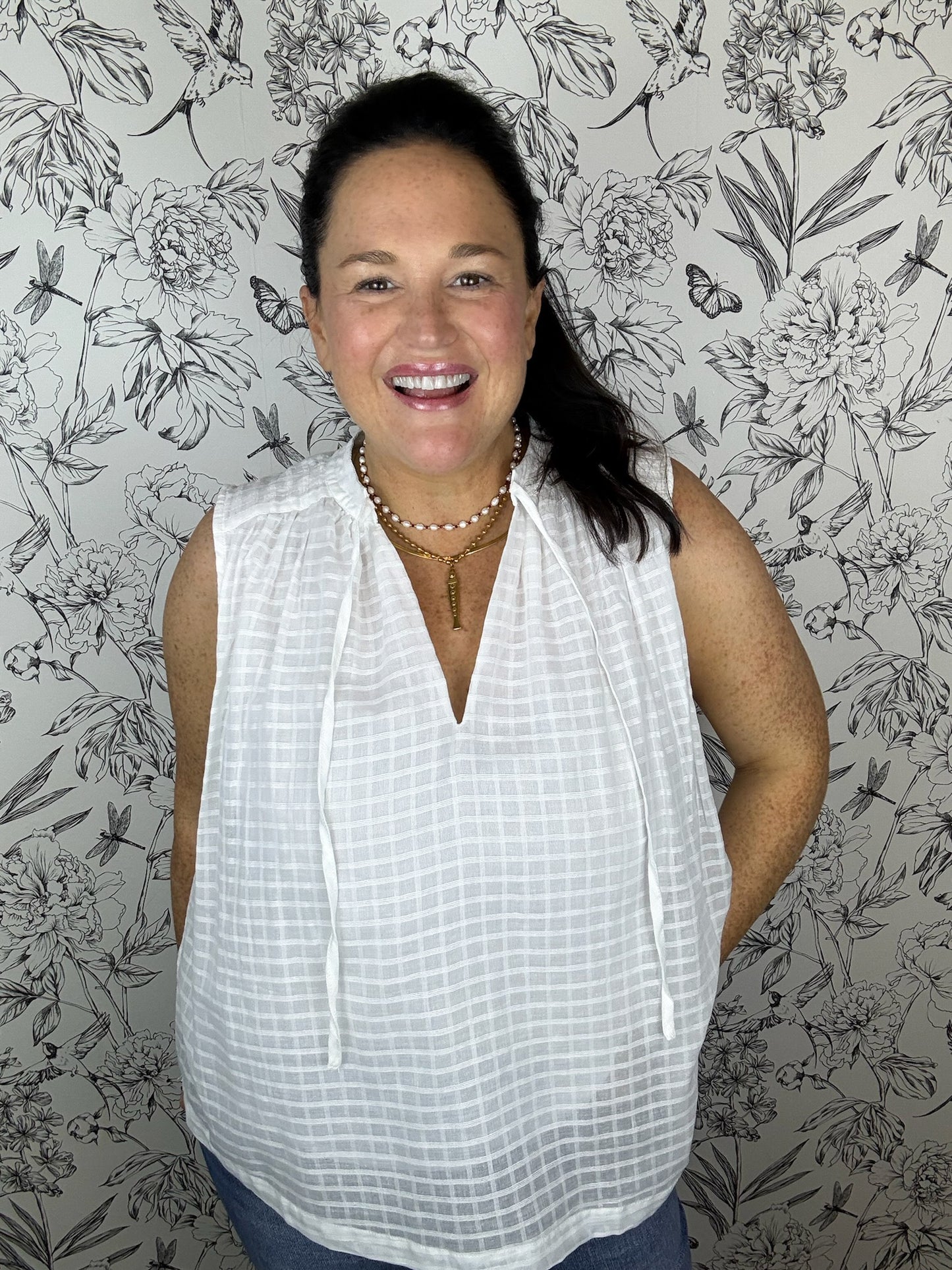 white windowpane flowy sleeveless top ELAN