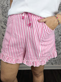 pink and white stripe shorts ruffle hem &MERCI