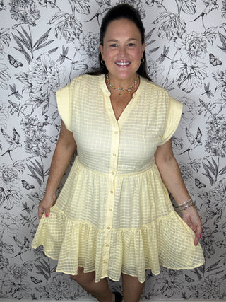 yellow windowpane button up mini dress ELAN