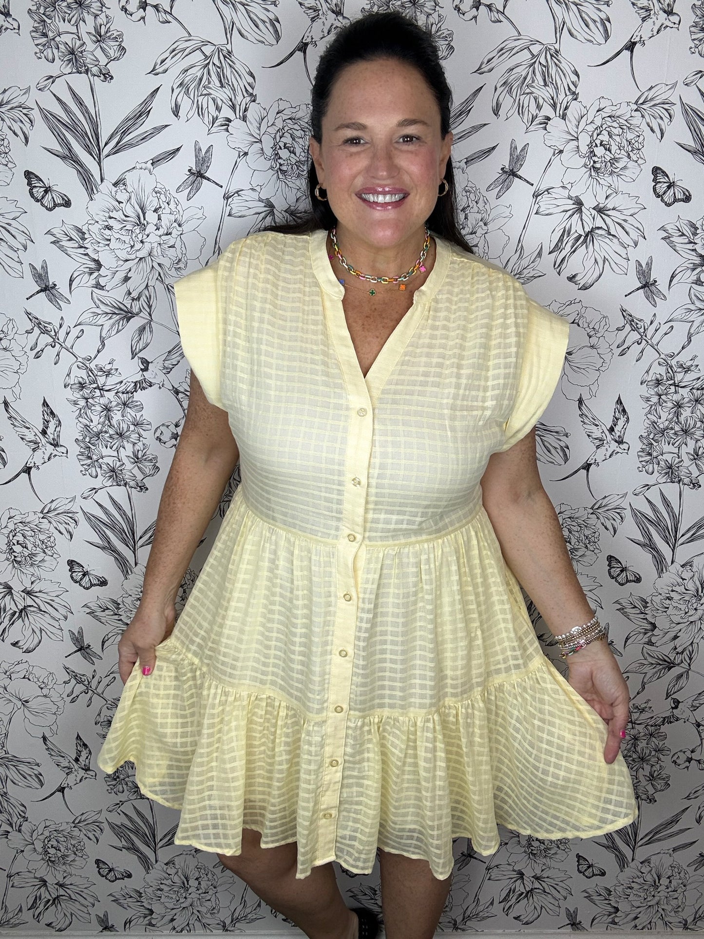 yellow windowpane button up mini dress ELAN
