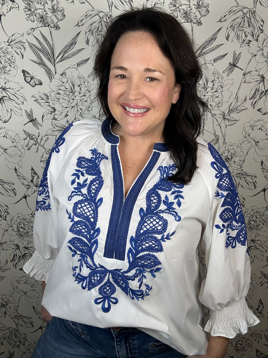 white and blue embroidered blouse ENTRO