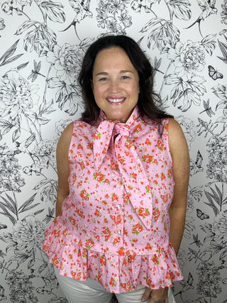 pink and orange floral peplum tank with tie neck ENTRO