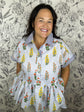 light blue block print top with seersucker stripe trim SHE & SKY