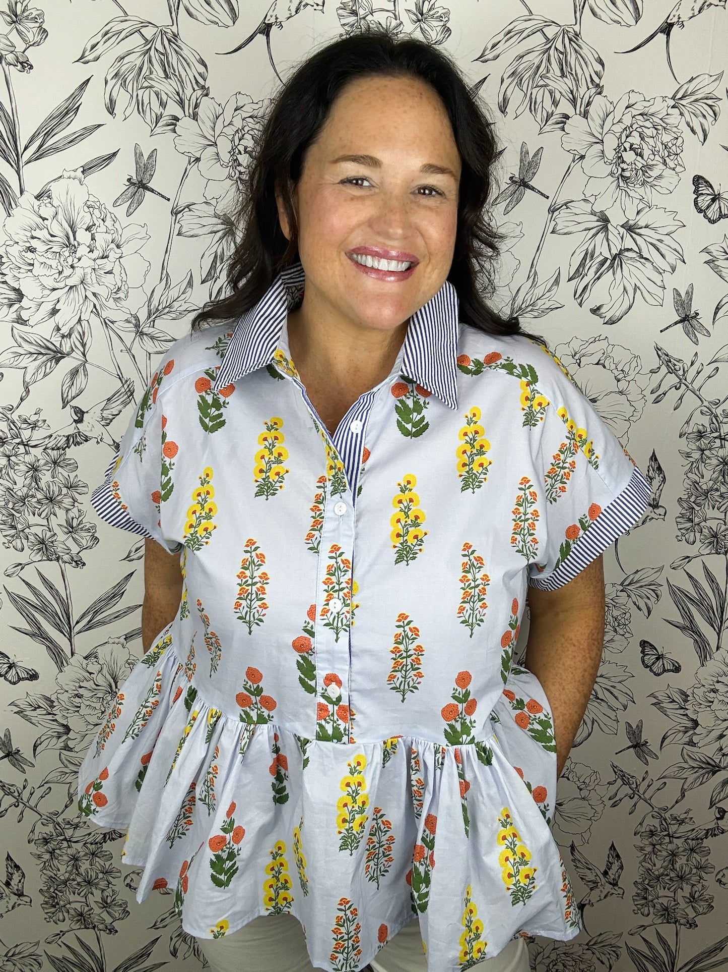 light blue block print top with seersucker stripe trim SHE & SKY