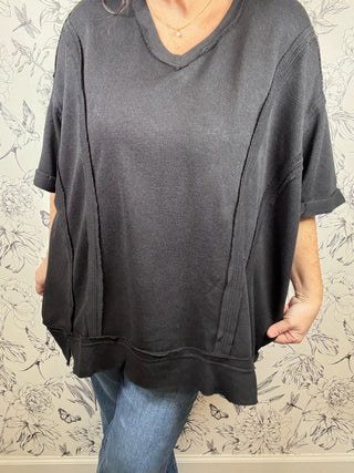 black curvy raw edge knit top SHE & SKY
