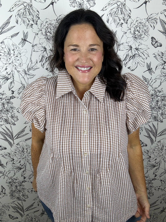 brown and white gingham blouse ENTRO