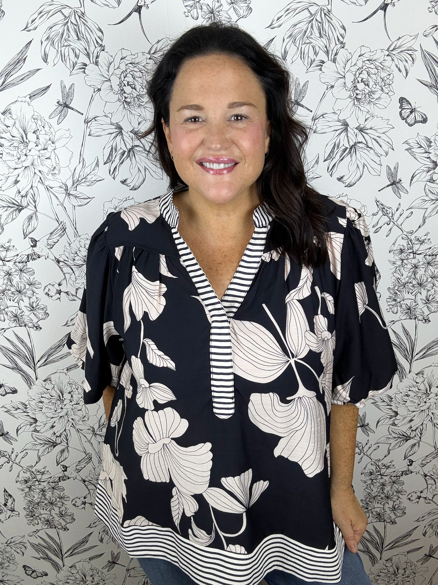 black ivory japanese floral blouse CURVY, SHE & SKY