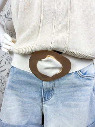 Ivory Vegan Suede Statement Belt with Gold Buckle