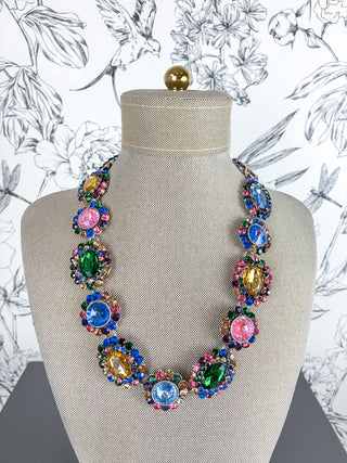 Kaleidescope Jewel Collar Necklace, Blue, Green, Pink, Gold embellished oval and circle rhinestones, Holiday Costume Jewelry