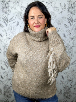 Latte Bohemian Fringe Sweater, Light Brown ELAN