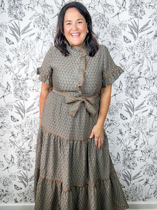 Sincerely Ours, green, brown, sage ruffled block print, tiered maxi dress 