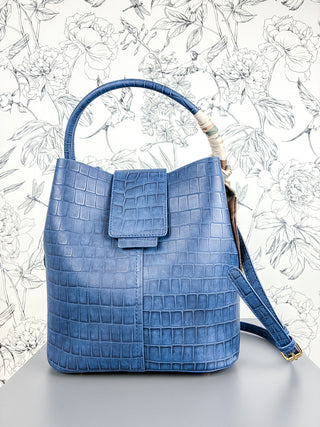 Lucia Scarf-Wrapped Croc Vegan Leather Bucket Bag | Navy