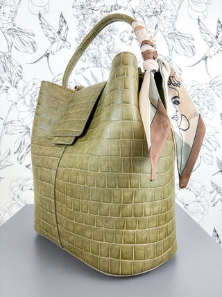 Lucia Scarf-Wrapped Croc Vegan Leather Bucket Bag | Olive BC BAGS