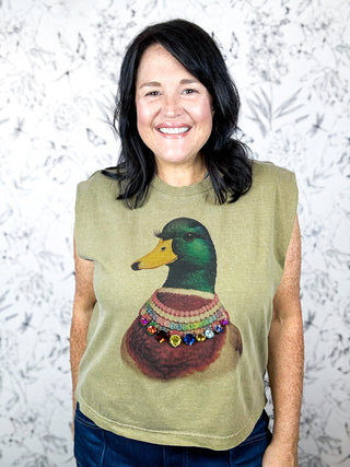 Mallard Social Muscle Tee by BlingAGoGo, Muscle style boxy relaxed short American Apparel Tee with mallard duck design hand embellished with large colorful rhinestones around the necklace of the mallard duck