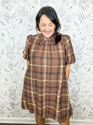 Maple Street Plaid Mini Dress ENTRO brown, tan, chocolate