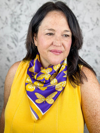 Mariposa Butterfly LSU Scarf Dallis Foshee purple and gold