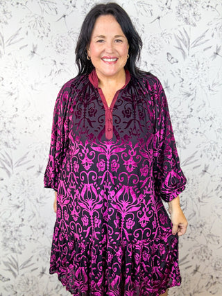 Marlowe Velvet Mini Plum-Burgundy Burnout damask velvet patter over black underlay. UMGEE Curvy Only, drop waist with flouce hem