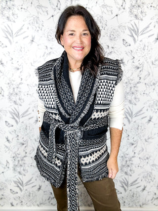 Mesa Nights Aztec Wrap black and white, ELAN International, sleeveless wrap cardigan with removable sash belt