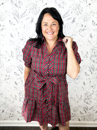 Mistletoe Plaid Mini Dress Button Front, short sleeve, flounce hem, removable sash belt red tartan plaid, ENTRO HOLIDAY