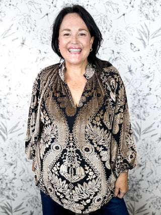 Monroe Damask Velvet Blouse, black with burnout gold velvet overlay, split mandarin mock neck, long sleeve UMGEE Curvy Only