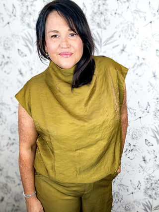 Olive Grove Satin Cowl Neck Top Chartreuse GLAM