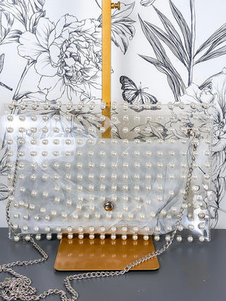 Pearl Studded Envelope Game Day Bag Silver chain, Stadium Approved