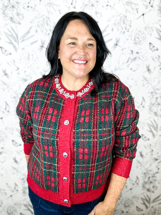 Red Tartan Plaid Cardigan with rhinestone jeweled neckline, front buttons, long sleeve, great stretch by ENTRO HOLIDAY
