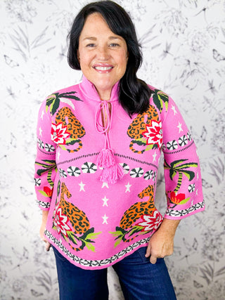 Pretty Fierce Pink Cheetah Sweater FATE pink with cheetas and lotus flowers, tassle tie neck, mock neck, 3.4 sleeve